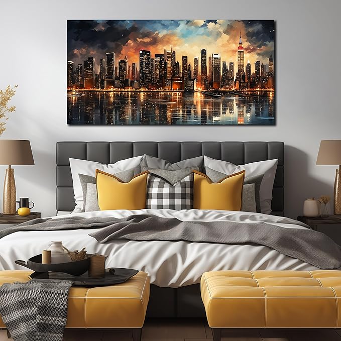 New York Skyline Wall Art for Office,Modern Living Room Wall Paintings City Wall Decor for Bedroom 29 x 59 Inch