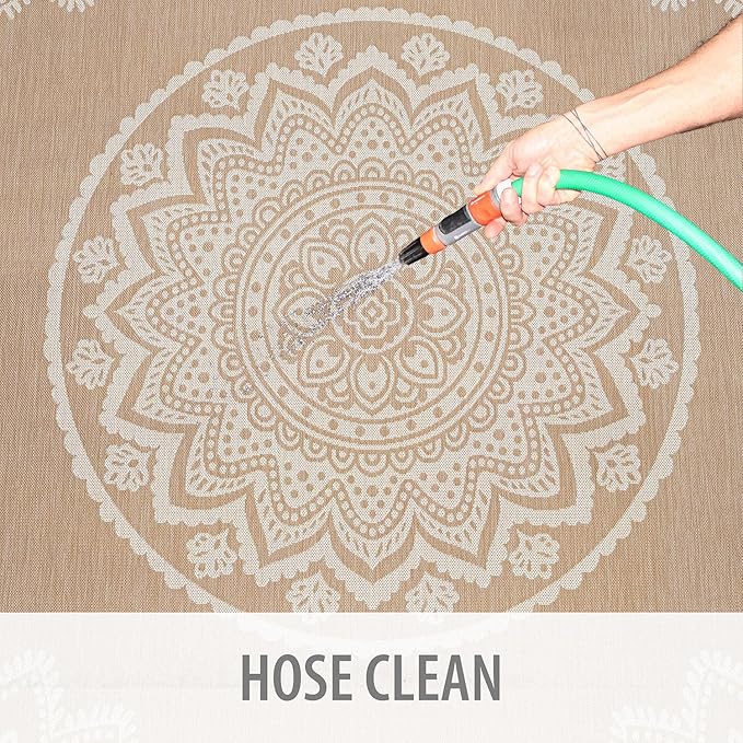 CAMILSON Outdoor Rug 6x9 Modern Area Rugs for Indoor and Outdoor Patios and Porches - Waterproof, Washable, Non-Shedding, Easy-to-Clean Outside Carpet (6 x 9, Medallion - Beige/White)