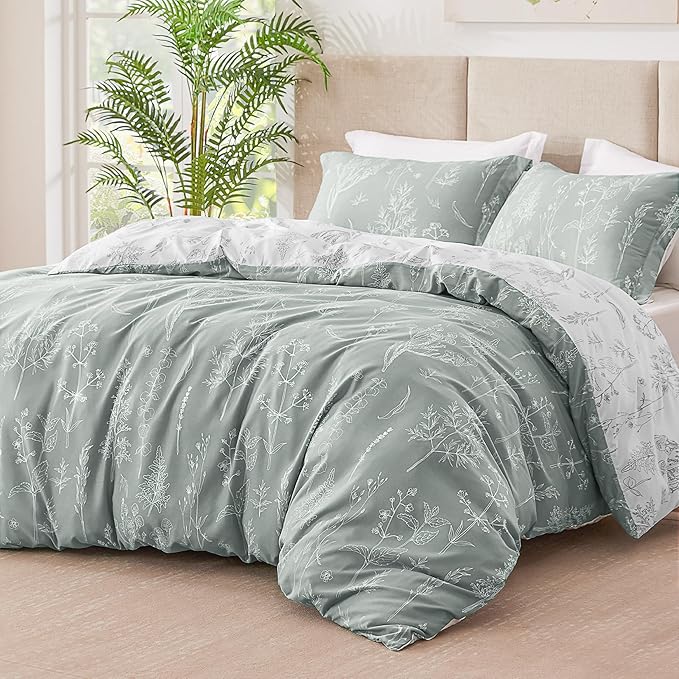 Love's cabin Grey Queen Comforter Set - Queen Size Comforter Set, 3 Pieces Cute Floral Bedding Sets for All Seasons,1 Soft Reversible Botanical Flowers Comforter and 2 Pillow Shams