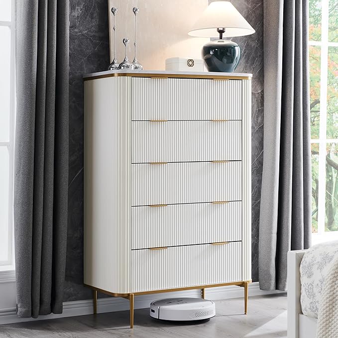 T4TREAM Fluted 5 Drawers Dresser for Bedroom, 48" Tall Modern Dresser Chest of Drawers, Gold Accents, Fluted Fronts, Wood Storage Dressers Organizer for Bedroom, Living Room, Off White