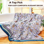 Boho Throw Blanket 80" x 90", 100% Organic Cotton Breathable Ultra Soft Bed Purple Quilt Throw - All Season Luxury Floral Farmhouse Decor Blanket for Sofa Couch Chair and Gift.