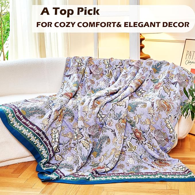 Boho Throw Blanket 91" x 98", 100% Organic Cotton Breathable Ultra Soft Bed Purple Quilt Throw - All Season Luxury Floral Farmhouse Decor Blanket for Sofa Couch Chair and Gift.