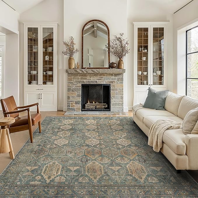 GENIMO 8x10 Area Rugs for Living Room, Machine Washable Non Slip Vintage Rugs, Low Pile Lightweight Chenille Print Rug for Bedroom, Dining Room, Home Office, Sage Teal