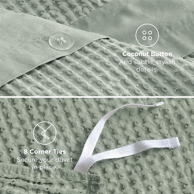 Bedsure Cotton Duvet Cover Queen - 100% Cotton Waffle Weave Sage Green Duvet Cover Queen Size, GentleSoft™ and Breathable Bedding Set for All Season, 3 Pieces, 90"x90"
