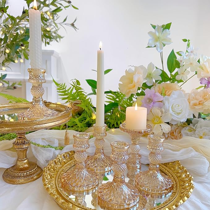 Glass Candlestick Holder,Striped Taper Candle Holders,Set of 6 Candle Stand for Table Centerpieces, Home Decor,Weddings,Festival and Parties (Amber Dimond Pattern)