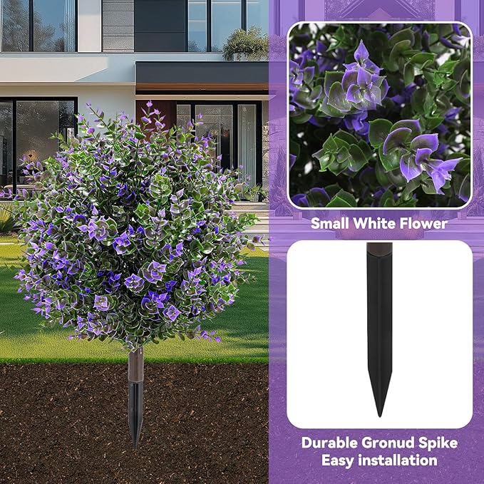 Artificial Boxwood Topiary Ball Trees with Ground Spikes UV Resistant Faux Greenery Shrubs Fake Shrubs for Outdoors, Realistic Faux Plants Bushes for Garden Porch Yard Patio Decor (Purple Green)