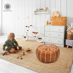 Handmade Moroccan Genuine Leather Pouf Ottoman Cover Unstuffed Foot Stool, Boho Foot Rest Under Desk, Round Ottoman for Living Room, Bedroom - Housewarming & Wedding Gifts