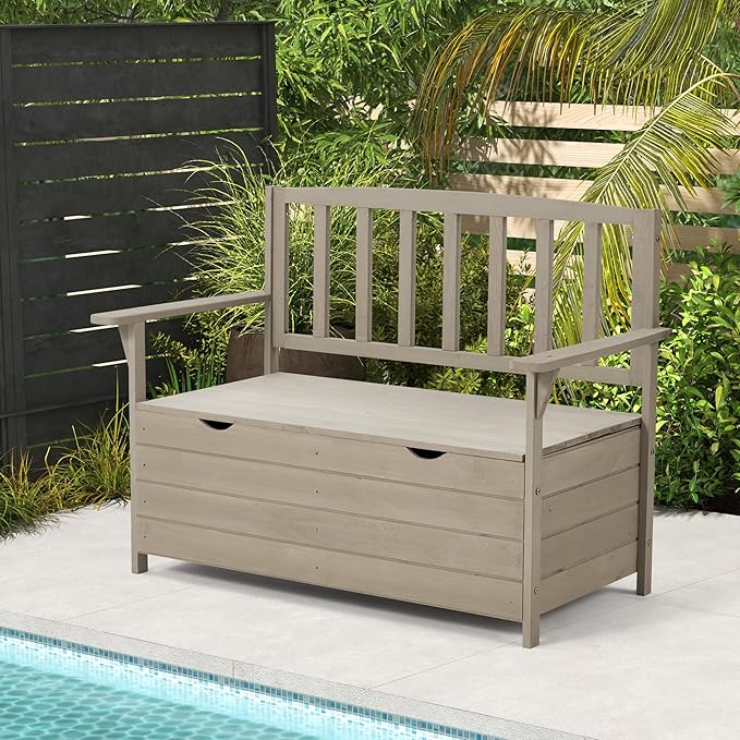 AVAWING Outdoor Storage Bench, Wooden Garden Bench Weatherproof, Patio Benches for Outside, 2-Seat Front Porch Bench, Park Bench for Deck, Lawn, Backyard (Light Gray)