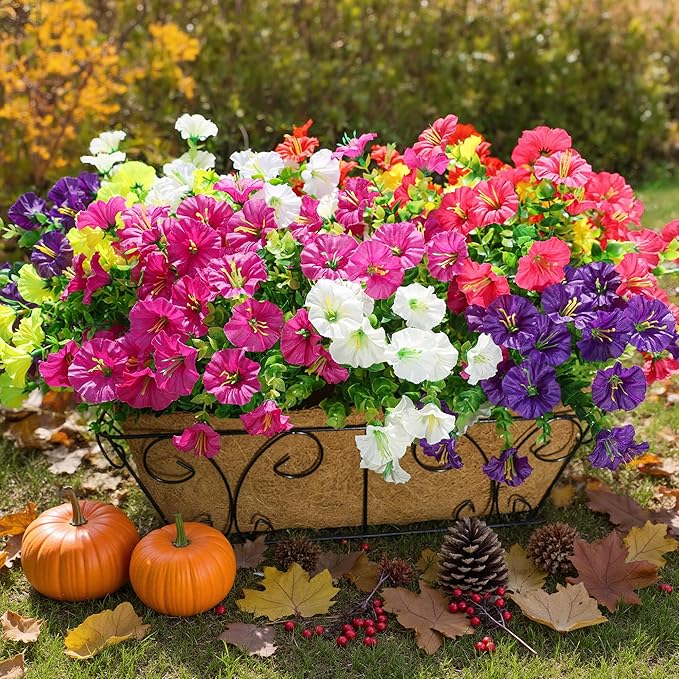 HyeFlora Artificial Flowers for Outdoors Fake Plants Outside Decoration, 12 Bundles Silk Colorful Morning Glory with Eucalyptus UV Resistant Realistic Faux Flowers for Planter Porch Patio Yard Garden