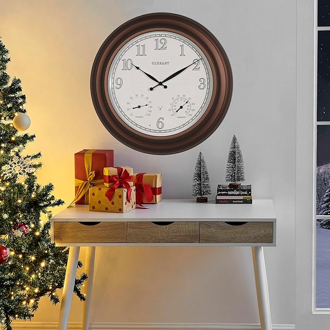 CLXEAST 24 Inch Illuminated in/Outdoor Lighted Atomic Analog Wall Clock with Thermometer & Hygrometer, Oversized Large Waterproof Wall Clocks for Living Room Decor,Bronze Finish