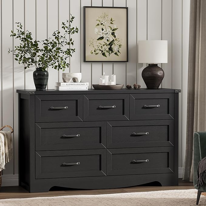 Dresser for Bedroom with 7 Drawers, 48" Wide Modern Chest of Drawers with Deep Drawers & Mental Handle, Wood Dresser TV Stand, Wooden Closet Storage Organizer for Living Room, Hallway, Entryway, Black
