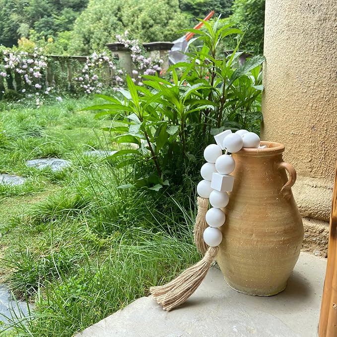 OMISHE White Extra Large Wood Bead Garland with 1.6" Diameter Wooden Beads and Tassels, 41.5" Long Rustic Farmhouse Country Boho Decorative Beads for Home Decor Tiered Tray Decor