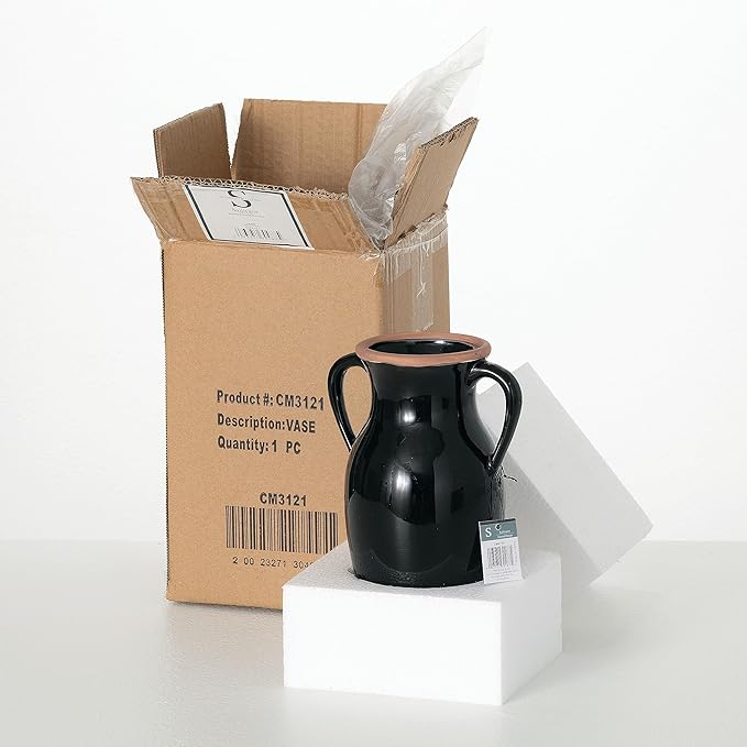 Sullivans Modern Vase with Handles, Modern Flower Ceramic Vases for Your Living Room, Home Office, and Kitchen, Minimalist Shelf for Real or Fake Flowers (CM3121) Black