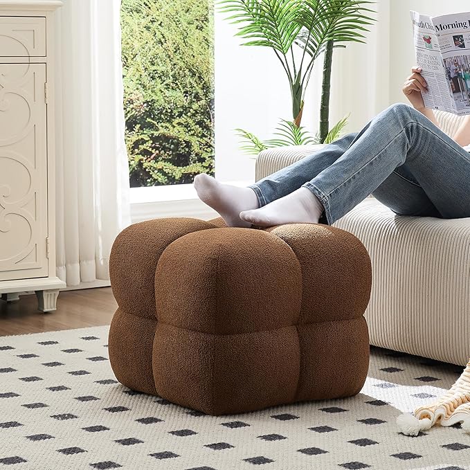 Zesthouse Square Pouf Ottoman Footstool, Modern Ottoman Coffee Table for Living Room, Poofy Boucle Stool Foot Rest, Upholstered Tufted Stool for Couch, Cube Makeup Vanity Chair Backless, Brown Reddish