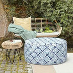 LVTXIII Outdoor Inflatable Ottoman, Fade-Resistant Round Footrest Stool D31”x H14”, Portable Patio Pouf for Garden Camping or Home Use, Boho Geometry Blue