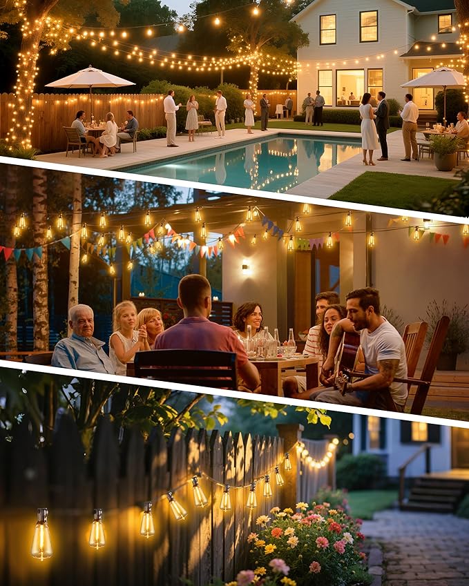 Outdoor String Lights - 50FT LED Patio Lights with 27 Shatterproof Waterproof Bulbs, Connectable Dimmable Edison IP65 ST38 Outside Lights for Garden, Balcony, Porch, Backyard, Deck, Home Decor