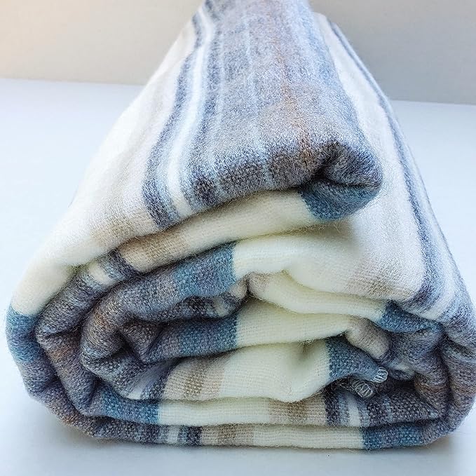 Alpaca Wool Throw Blanket | Super Soft, Lightweight, Breathable and Hypoallergenic | Non-Itchy or Scratchy (Blue White Varicolored, Queen (U.S. Standard))