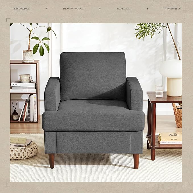 Mid-Century Accent Chair,Modern Linen Fabric Armchair for Living Room,Comfy Upholstered Reading Accent Chairs for Bedroom,Single Sofa Chair with Wood Legs (Dark Grey, 2 Pack)