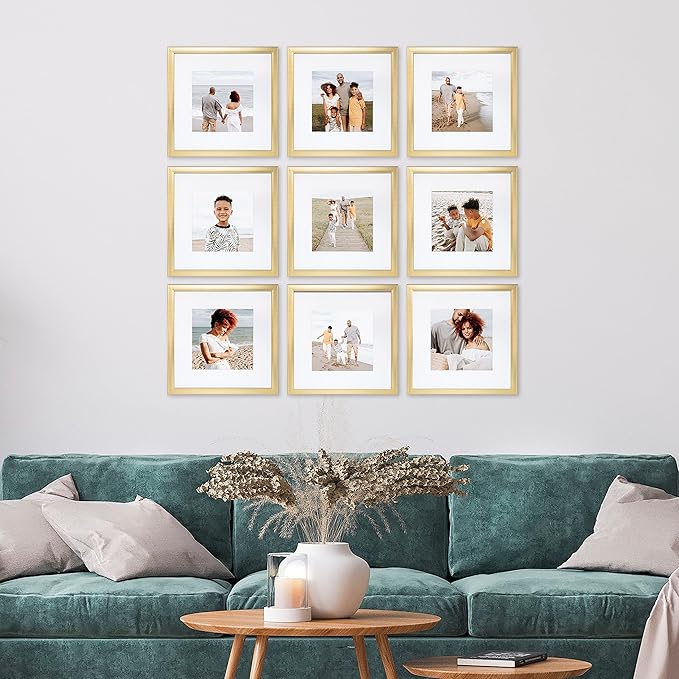 Sheffield Home 9 Piece Gallery Wall Frame Set, 12x12 in. Matted to 8x8 in. (Gold)