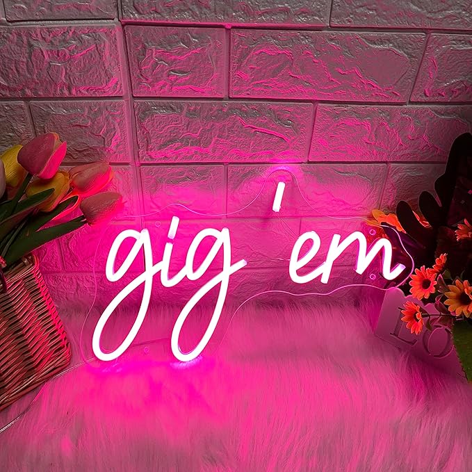 Gig‘em Aggies Neon Sign Pink LED Neon Light Signs for Wall Decor USB Operated Concert Girls Dorm Room Decoration Beauty Texas A&M University Wall Art Birthday Gifts for Women 16x9.69