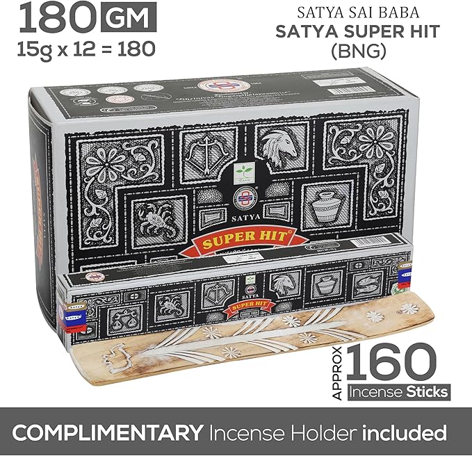 Satya Super Hit Incense Sticks, Satya Bng (Bangalore) Insenses 15gmx12 Pack with Raajsee Incense Holder Bundle, Satya Nagchampa Natural Incense