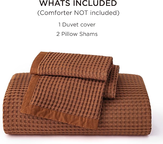 Bedsure Cooling Waffle Duvet Cover Queen - Cotton Blend Rayon Derived from Bamboo Duvet Cover Set for Hot Sleepers, Breathable Bedding Set With a Vintage Charm, 3 Pieces (Burnt Orange, Queen, 90"x90")