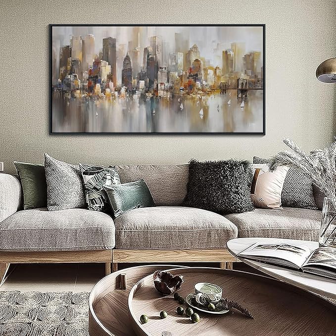 New York City Wall Art -Framed Modern Abstract Wall Art for Living Room, Office & Bedroom Cityscape & Paintings for Bedroom brooklyn bridge Pictures Wall Decor Chicago Artwork for Walls 20×40IN