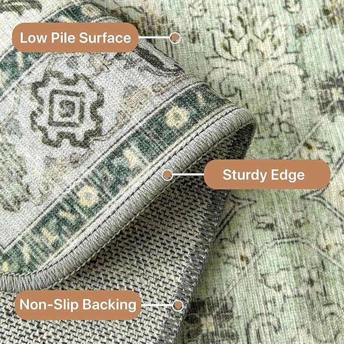 GENIMO 7'6''x9'6'' Area Rugs for Living Room, Machine Washable Non Slip Vintage Rugs, Low Pile Lightweight Chenille Print Rug for Bedroom, Dining Room, Home Office, Green