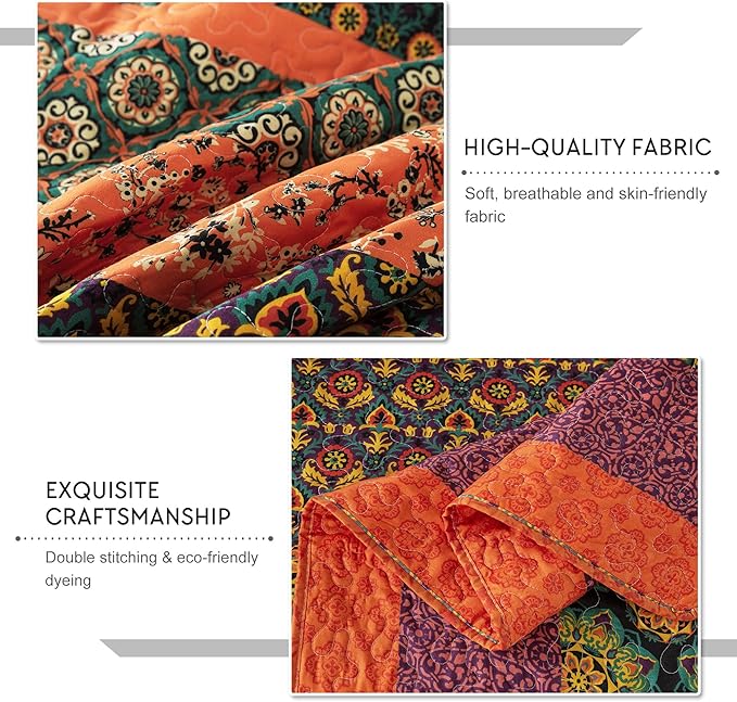 Travan Boho Stripe Quilt Sets Floral Printed Reversible Soft Bohemian Bedding Set with Shams for All Season, Orange Red Stripe, King Size