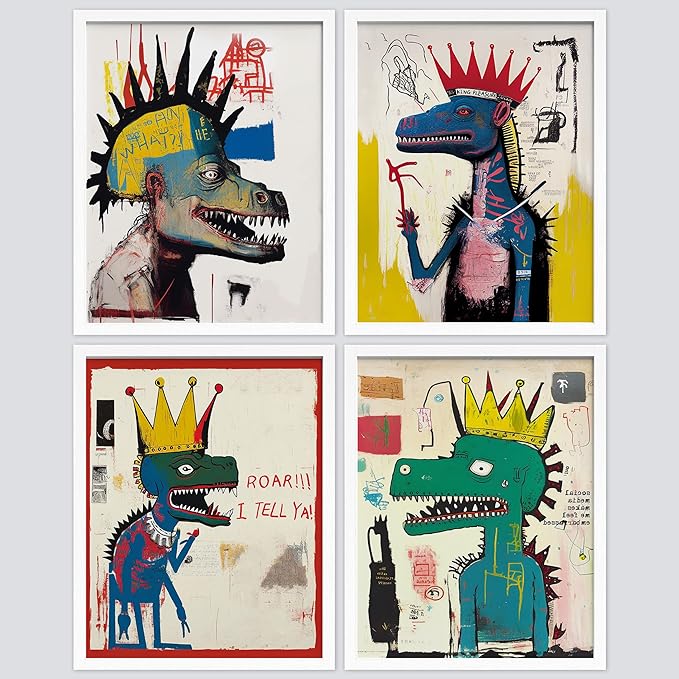 SIGNWIN Framed Vintage Retro Antique Basquiat Dinosaur Print Wall Art, Set of 4 Illustration Wall Decor Prints, Multicolor Contemporary Wall Décor for Living Room, Bedroom - 8"x10" White