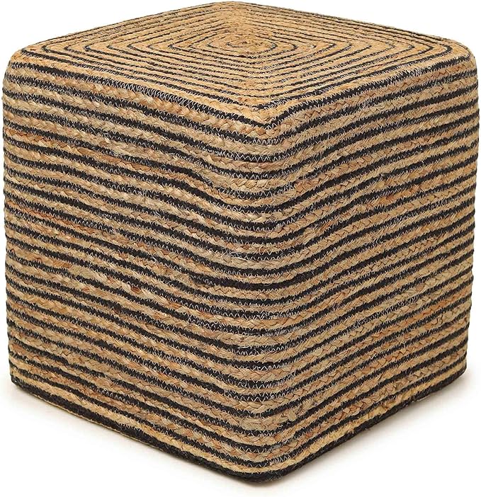 REDEARTH · Cube Pouf Foot Stool Ottoman - Jute Braided Pouffe Poof Accent Sitting Footrest for The Living Room, Bedroom, Nursery, Patio, Lounge 50% Jute 50% Cotton (14.5”x14.5”x16”; Natural Black)