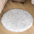 Goolela Round Fluffy Rug Circle Faux Sheepskin Fur Rug 3ft for Bedroom Living Room Fuzzy Furry Small Decor Washable White with Grey Tips
