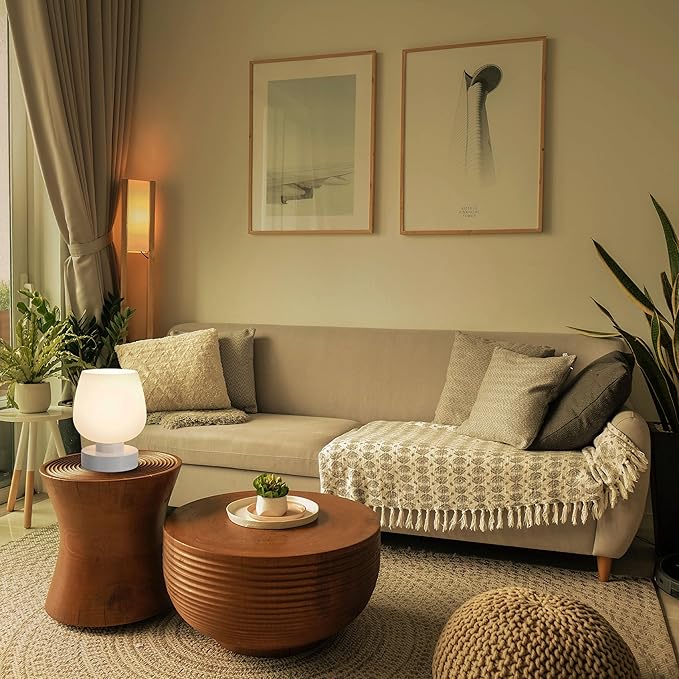 Touch Bedside Lamp, Mini Stepless Dimmable Table Lamps for Bedroom for Night Stands, Small Desk Lamp with Brightness Memory, USB Charging Ports, Warm LED Bulb, White, Round Shape, 1 Set
