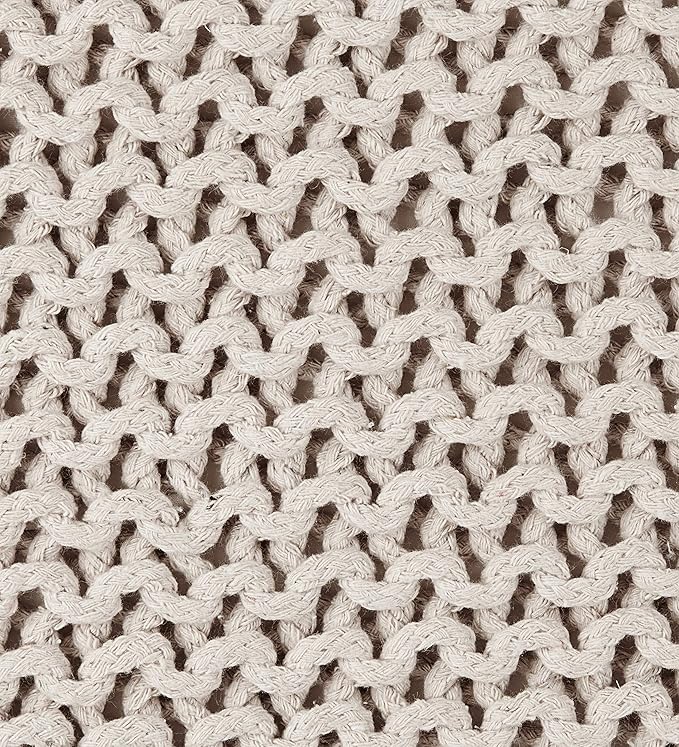 REDEARTH Square Pouf Ottoman Foot Stool - Hand Knitted Bean Bag - Cord Boho Pouffe - Accent Poof for Living Room - Nursery - Bedroom - Kids Bedroom - Patio - 100% Cotton (16" x 16" x 16") - Ivory
