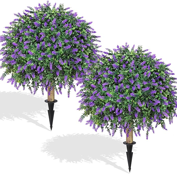 HyeFlora 2 Pack Artificial Topiary Boxwood Ball Trees with Lavender Fake Plants for Outdoor Indoor Artificial Shrubs with Ground Spike UV Resistant Fake Bushes for Front Porch Garden (Purple)