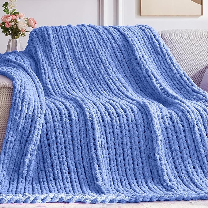 Chunky Knit Throw Blanket, 30''*40'' Knitted Throw Chenille Yarn for Bed Couch, Handmade Light Blue Crochet Big Thick Blanket, Machine Washable Cute Comfy Blanket for Home Decor