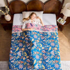 Fall Throw Blanket for Couch, Blue Boho Decorative Throw Blanket, 100% Cotton Muslin Breathable Woven Farmhouse Blankets Quilt, 60"x80" Reversible Lightweight Blankets Bohemian Throw Quilt