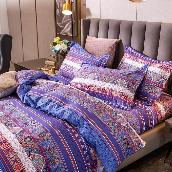 ABREEZE Bohemian Vintage Full Size Floral Cotton Bedding Set 3Pcs Duvet Cover Set Boho Purple Paisley 100% Egyptian Brushed Cotton Reversible Home Bedding Collection