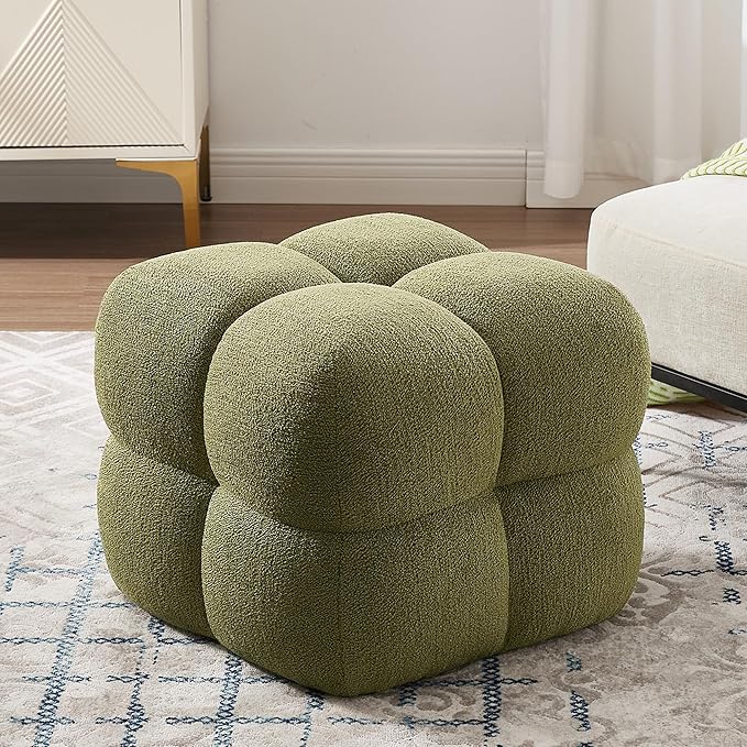 ONEVOG Olive Green‌ Modern Ottoman, 21" Square Fuzzy Couch Sherpa Pouf Ottoman, Tufted Cute Boucle Fabric Foot Stools, Upholsered Footrest & Coffee Table & Vanity Chair for Living Room Bedroom, Dorm