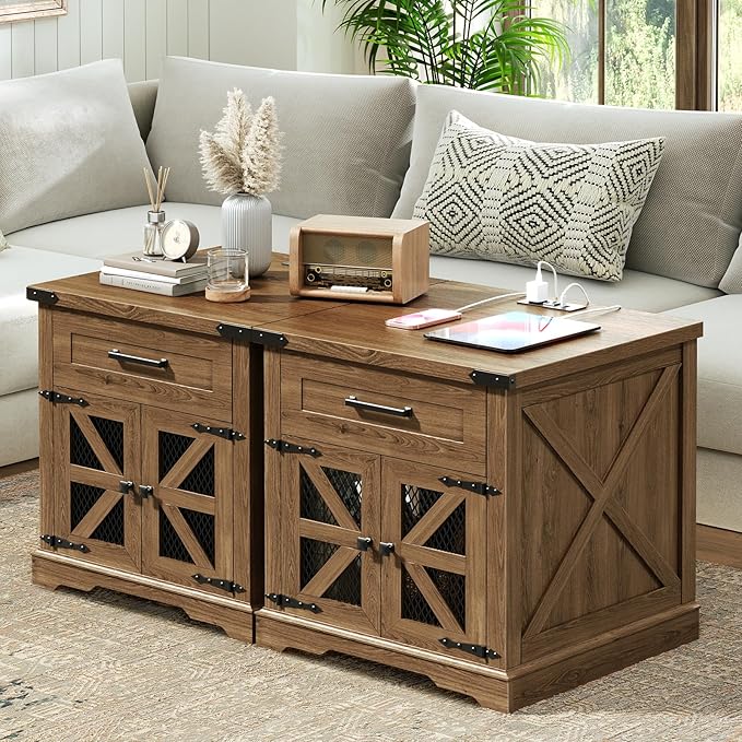 Farmhouse End Table Set of 2, 24" Large Sofa Side Table with Drawer, Large End Table for Living Room, Wooden Nightstand with Charging Station, Square, Walnut