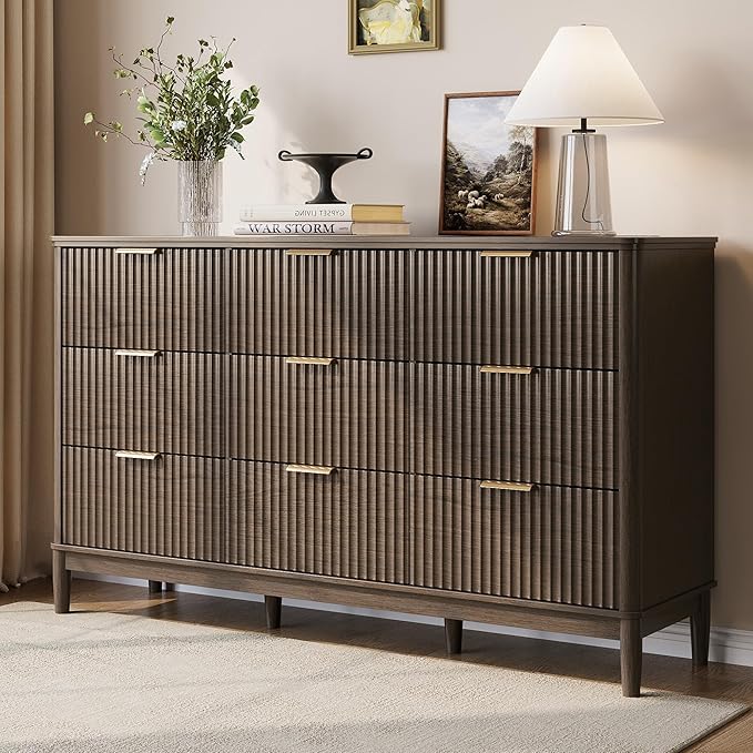 LINSY HOME Fluted Dresser for Bedroom with 9 Drawers, 58" Wide Mid Century Modern Dresser, Tall Boho Chest of Drawers, Large Wood Accent Storage Cabinet for Living Room, Curved Profile Design, Walnut