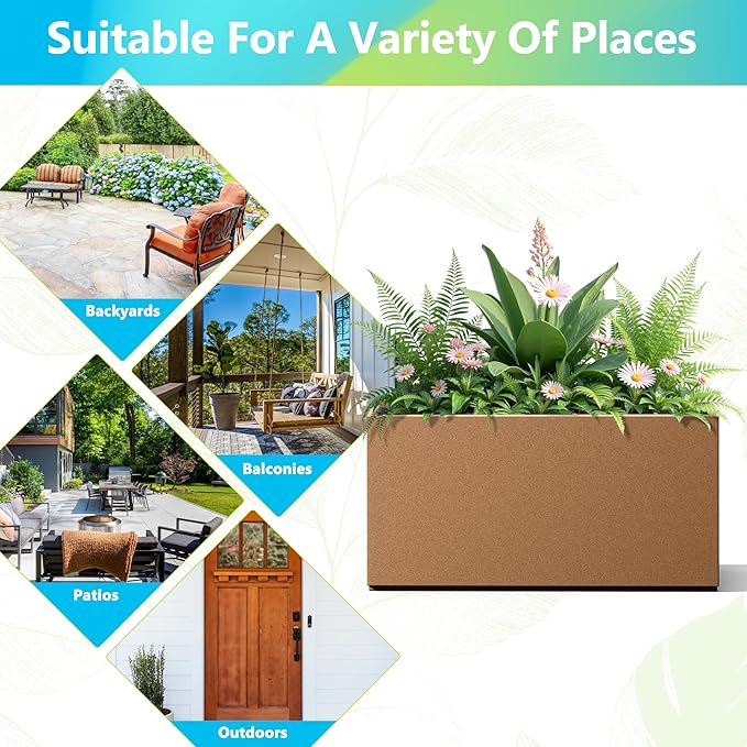 FENCY Metal Rectangular Planter Box, Large Planters for Outdoor Plants, Tall Planters for Outdoor Plants with Drainage Holes (32" L x 10" W x 16.3" H,Brown)