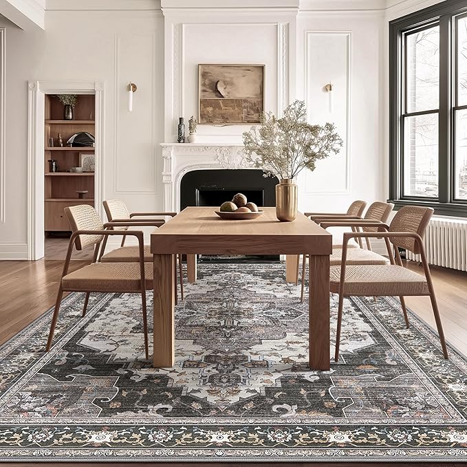 GENIMO 8x10 Area Rugs for Living Room, Machine Washable Non Slip Vintage Rugs, Low Pile Lightweight Chenille Print Rug for Bedroom, Dining Room, Home Office, Slate Gray