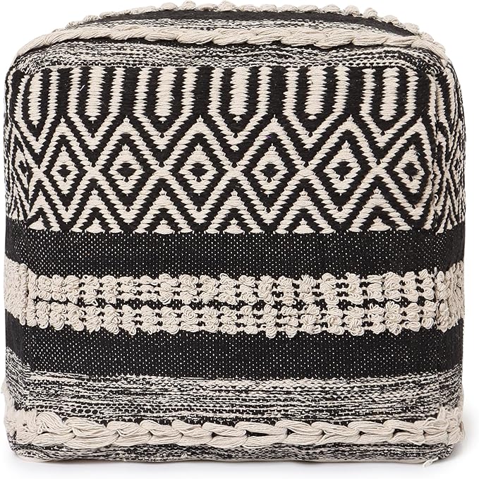 REDEARTH · Tufted Pouf Ottoman with Filler Textured Storage Cube Bean Bag Pouffe Footrest for Living Room, Bedroom, Nursery, Kidsroom; 100% Cotton (17.5"X17.5"X17.5", Char Delineate Black)