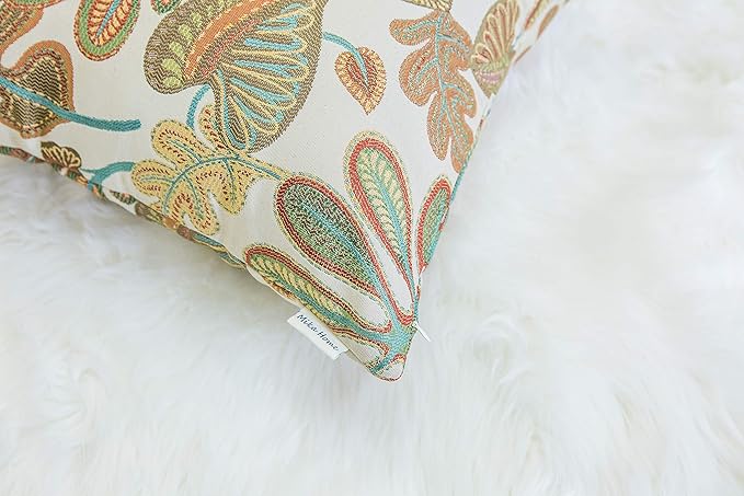 Mika Home Set of 2 Jacquard Tropical Leaf Pattern Throw Pillow Covers Decorative Pillowcase 22X22 Inches,Teal Cream