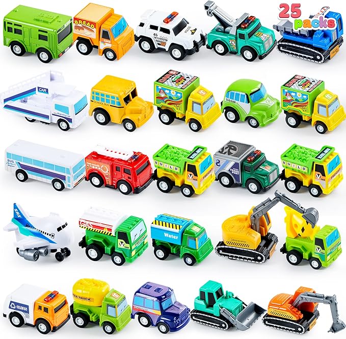 JOYIN 25 Pieces Pull Back Cars and Trucks Toy Vehicles Set for Toddlers, Girls and Boys Kids Play Set, Die-Cast Car, Party Favors, School Gifts, Goodie Bags Stuffers for Kids, Christmas Birthday Gifts