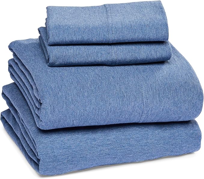 Amazon Basics Cotton Jersey 4-Piece Bed Sheet Set, King, Chambray Blue, Solid