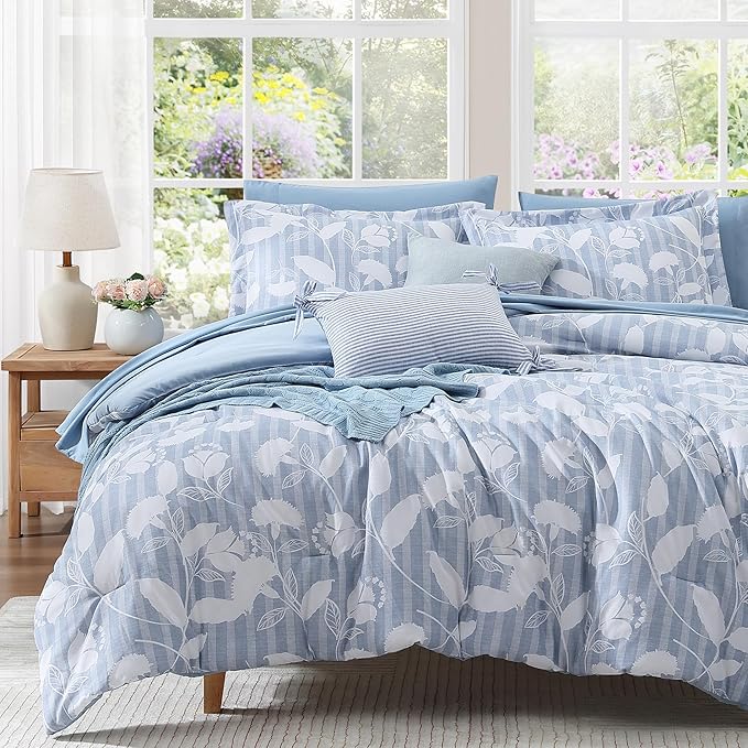 King Comforter Set -7 Pieces Blue Floral Comforter Set for All Seasons, Bed in a Bag King with Botanical Flowers Comforter, Sheets, Pillowcases & Shams