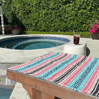 Del Mex Classic Mexican Blanket, Large Authentic Woven Falsa Throw (70"x50"), Artisan Southwest Décor for Beach, Yoga, Outdoors (Mint/Tan/Pink)