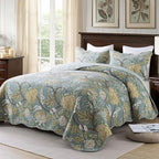 Travan 3-Piece Quilt Set Quilted Bedspread Cotton Coverlet Set Floral Printed Oversized Quilted Bedding Set with Shams for All Season, Green Vine, Queen Size